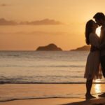 A romantic couple embracing on a beach during sunset, symbolizing perfect love compatibility based on zodiac signs