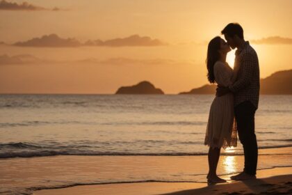 A romantic couple embracing on a beach during sunset, symbolizing perfect love compatibility based on zodiac signs