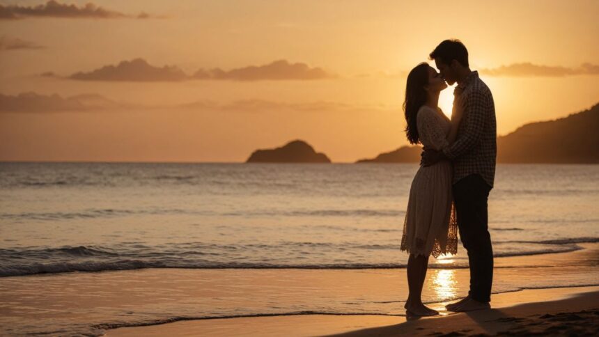 A romantic couple embracing on a beach during sunset, symbolizing perfect love compatibility based on zodiac signs